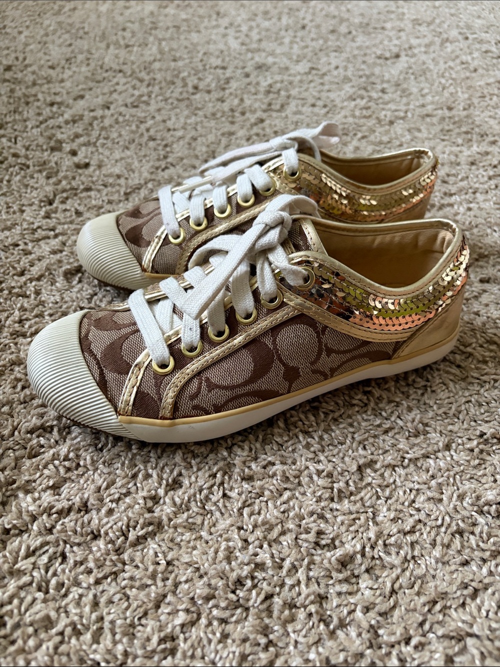 Coach Signature Canvas Low-Top Sneakers with Gold Sequin Accent